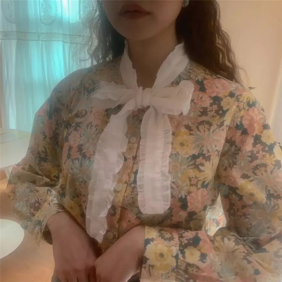 Floral blouse shirt button long sleeve bow tie flower top pink multicolor - Picture 2 of 4